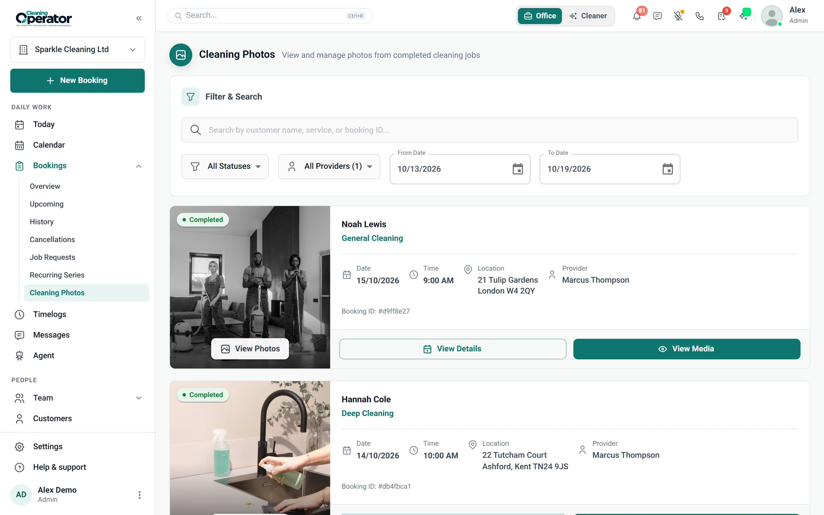 Screenshot of Bookings — Cleaning Photos