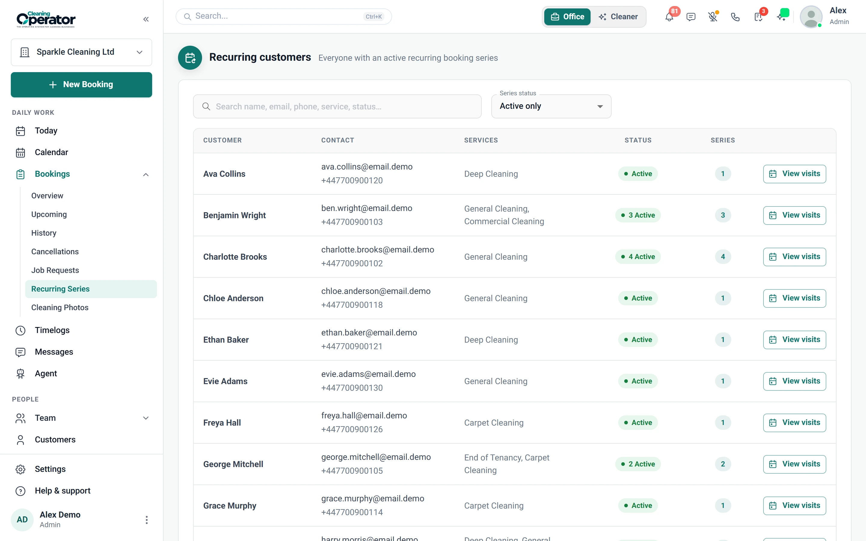 Screenshot of Bookings — Recurring Series