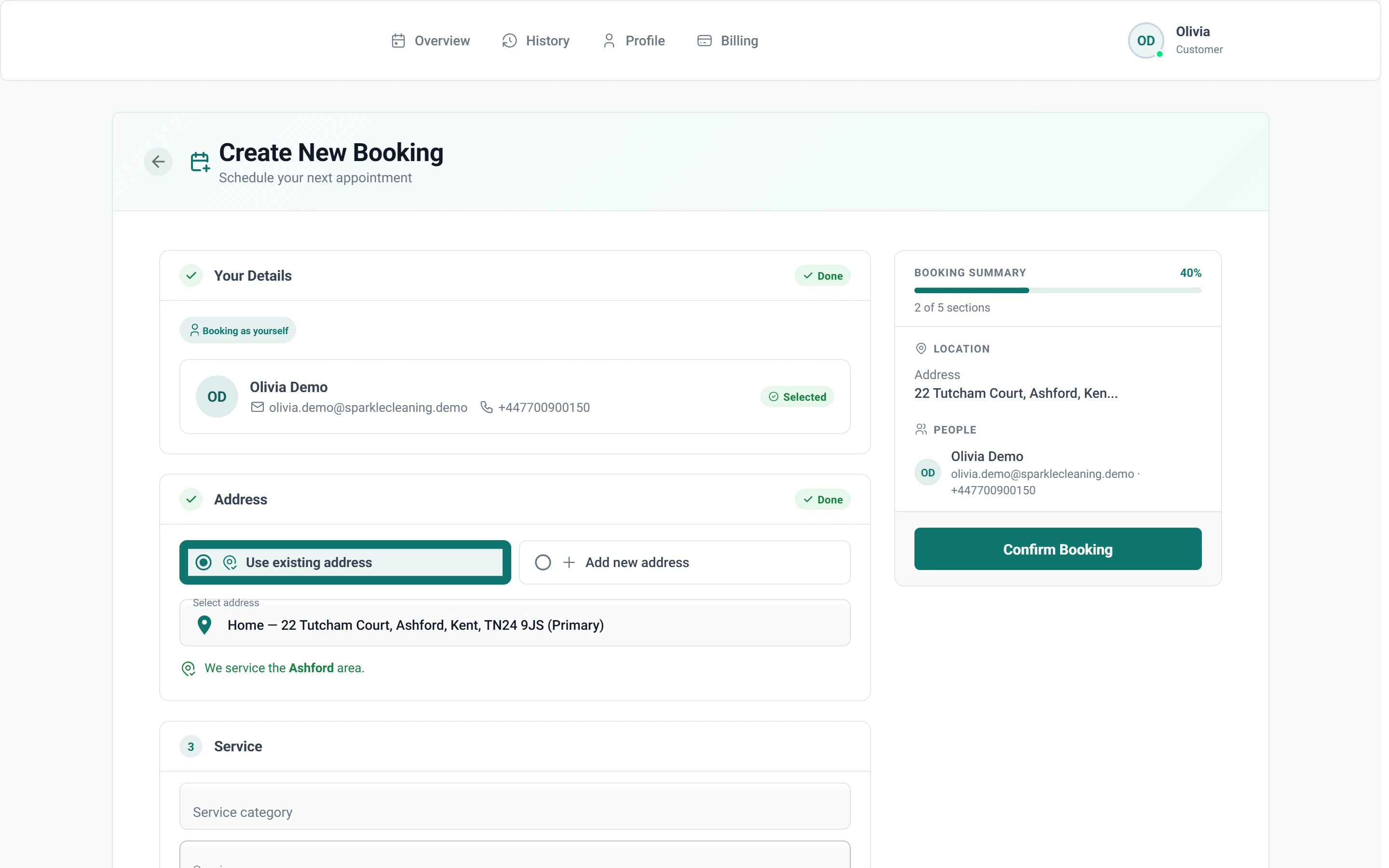 Screenshot of Customer portal — New booking