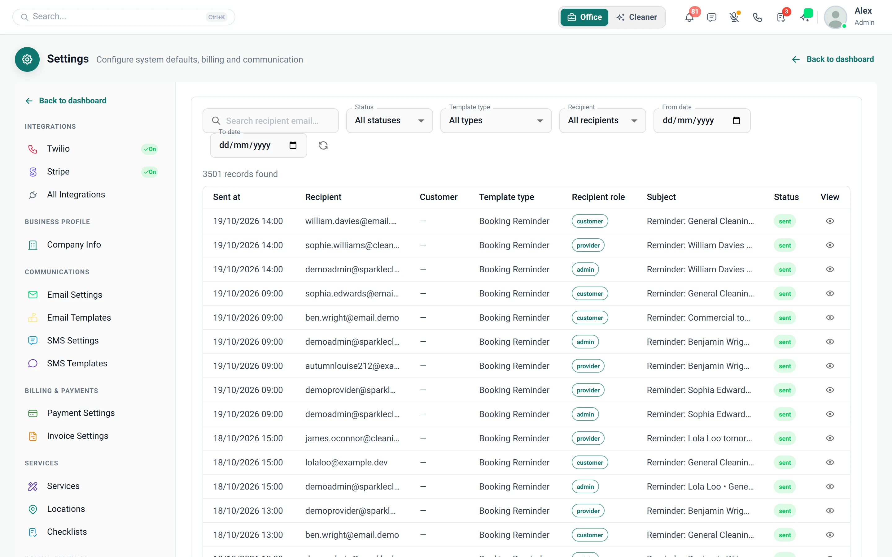 Screenshot of Settings — Email Log