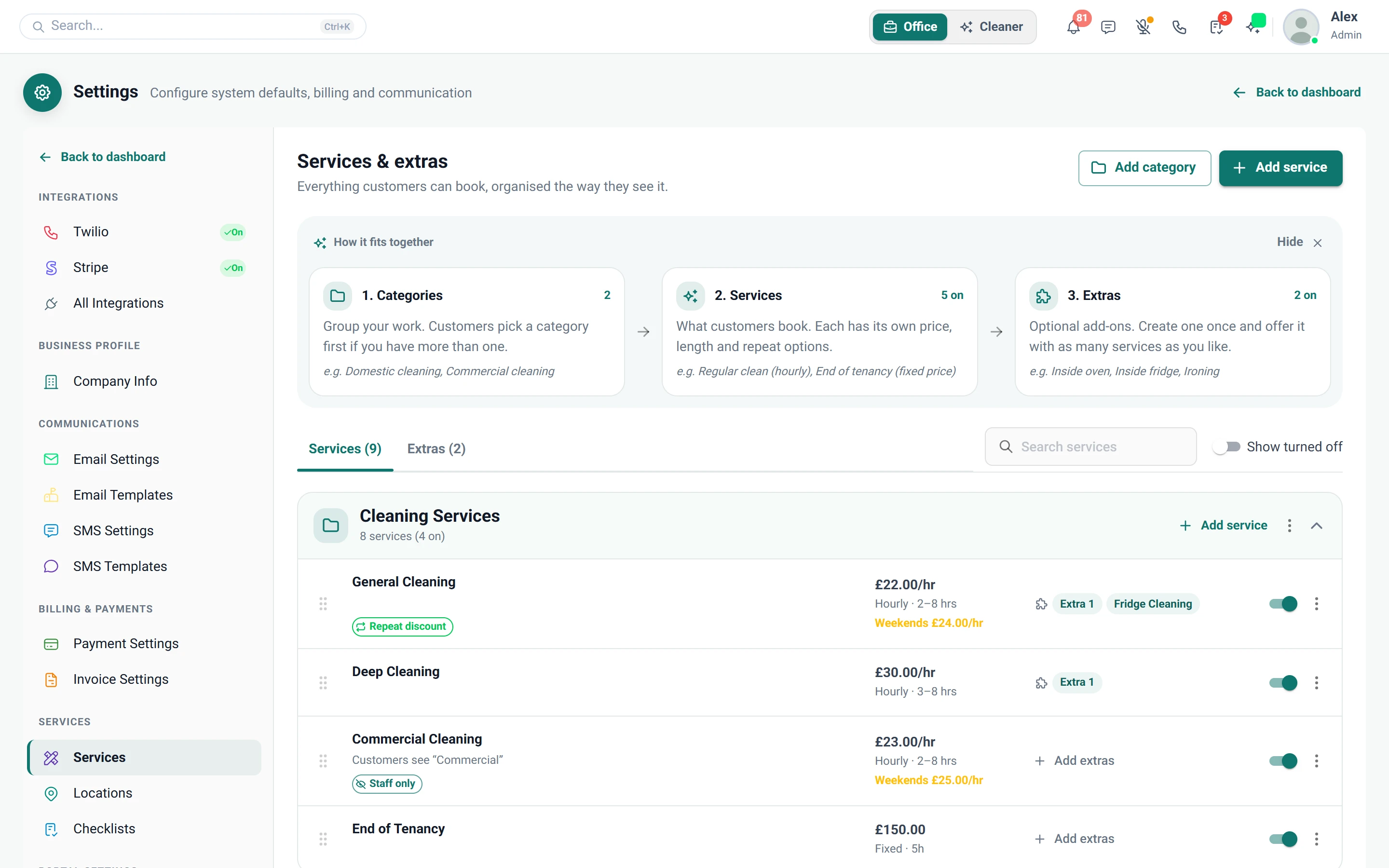 Screenshot of Settings — Services