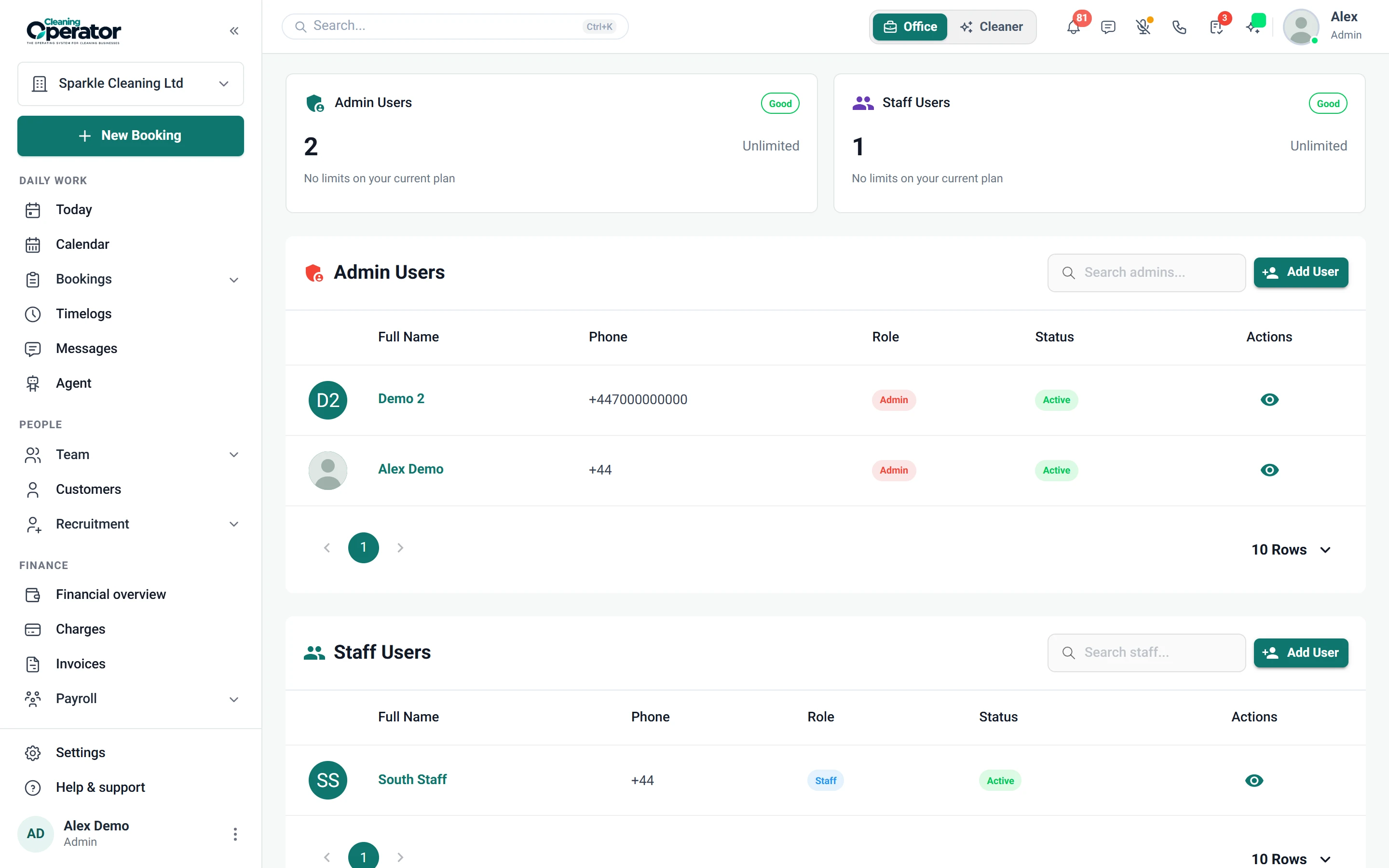 Screenshot of Settings — Team users